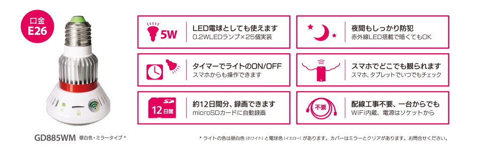 主な用途 ●口金E26●LED電球としても使えます。0.2WLEDランプ×25個実装。●タイマーでライトのON/OFF。スマホからも操作できます。●約12日間分、録画できます。microSDカードに自動録画。●夜間もしっかり防犯。赤外線LED搭載で暗くてもOK。●スマホでどこでも観られます。スマホ、タブレットでいつでもチェック。●配線工事不要、一台からでも。WiFi内蔵、電源はソケットから。