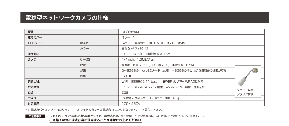 電球型ネットワークカメラの仕様